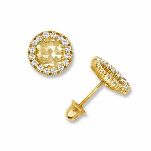14K Solid Yellow Gold Halo Screw Back Earrings Set With Stones Size 7.5mm
